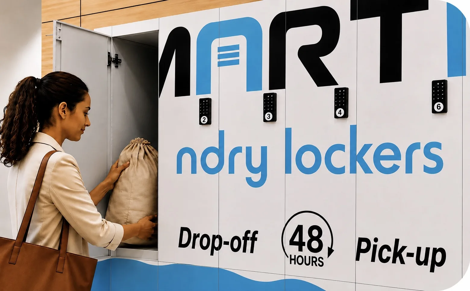 Lady dropping clothes inside laundry lockers